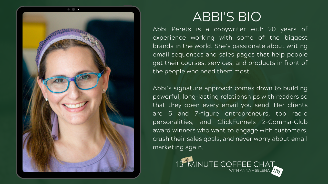 Abbi Perets Bio graphic for show about email strategy