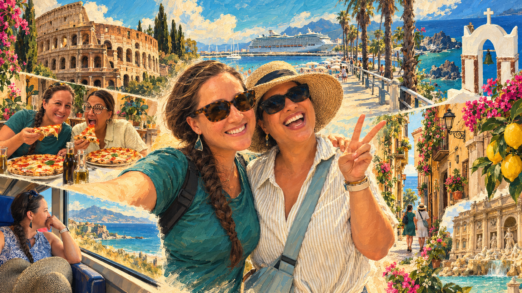 A collage of the trip — Rome, the coast, and time together
