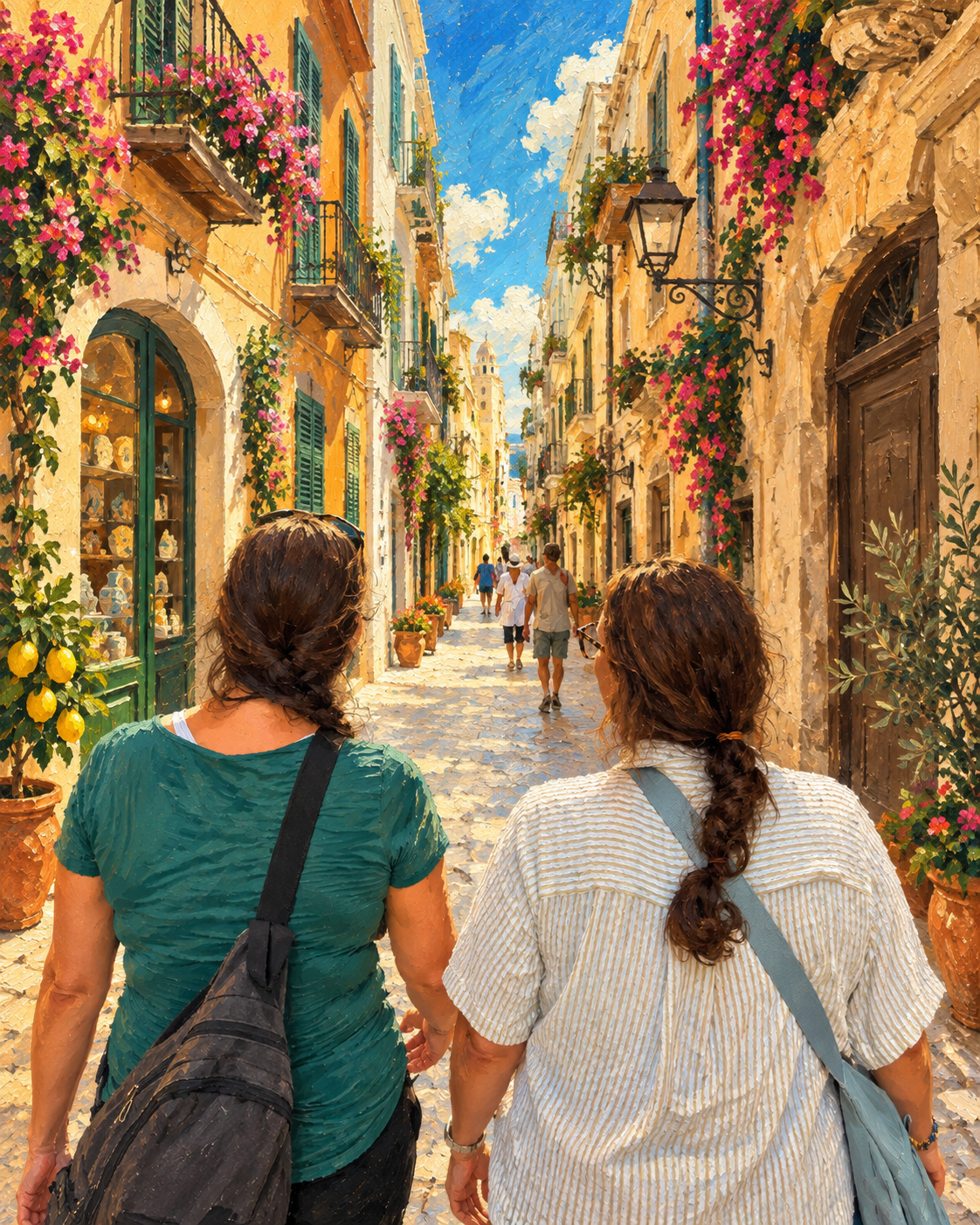 Walking a cobblestone street together