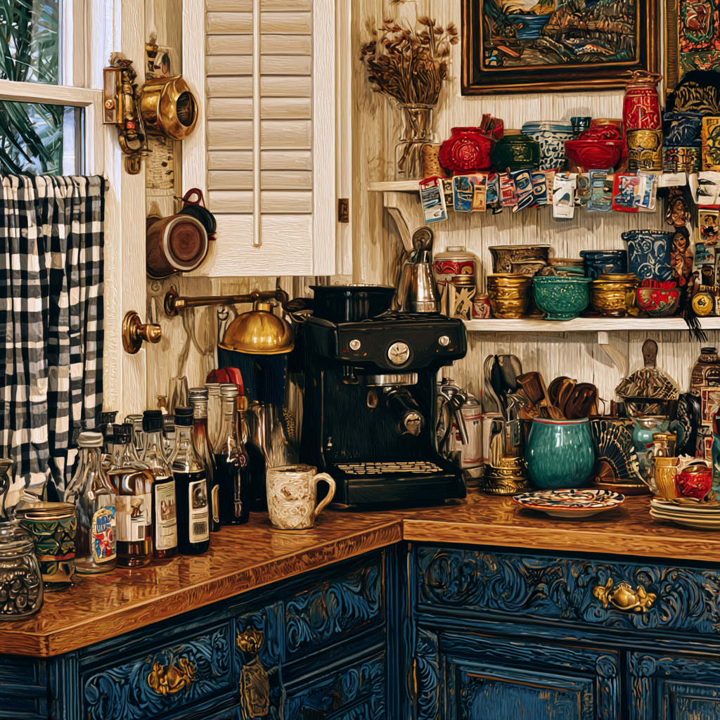 Boho kitchen coffee bar corner with espresso machine and colorful ceramics