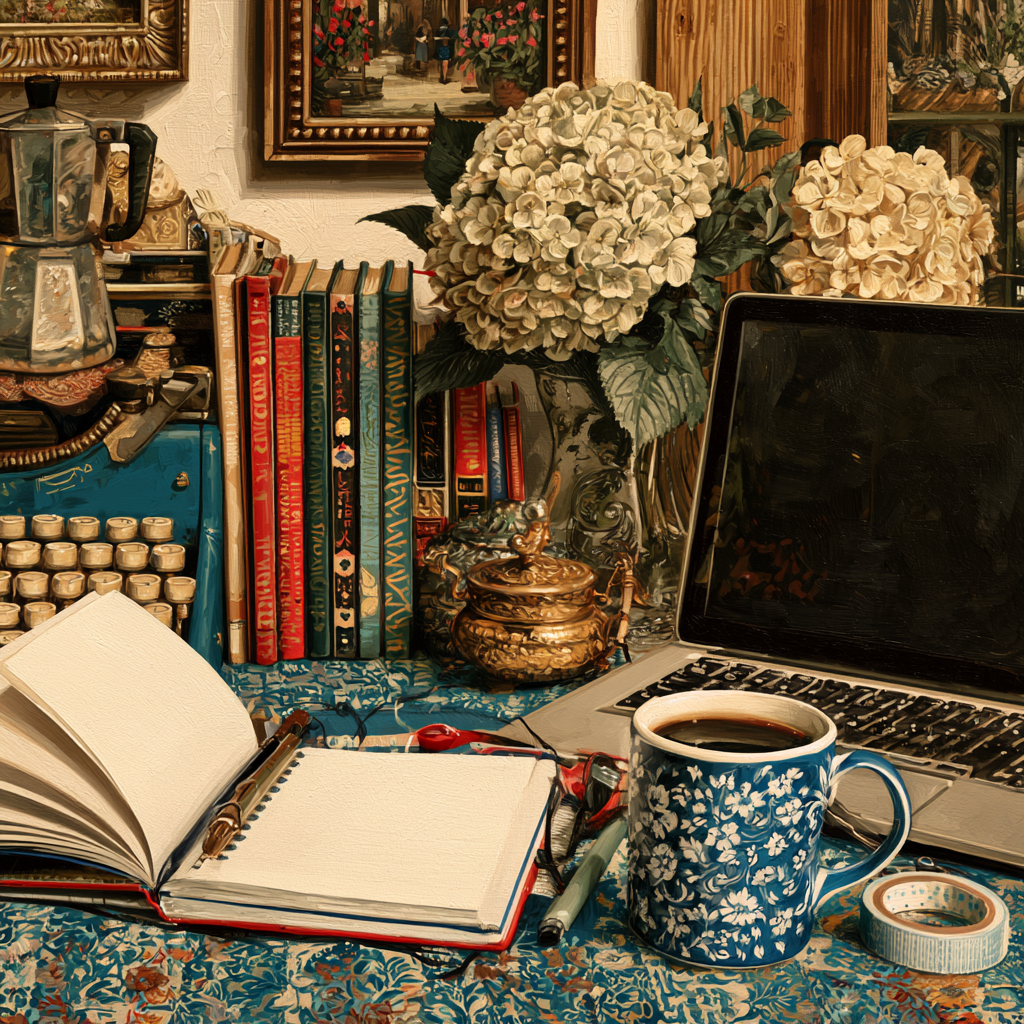 Desk with an open journal, hydrangeas, laptop, and coffee