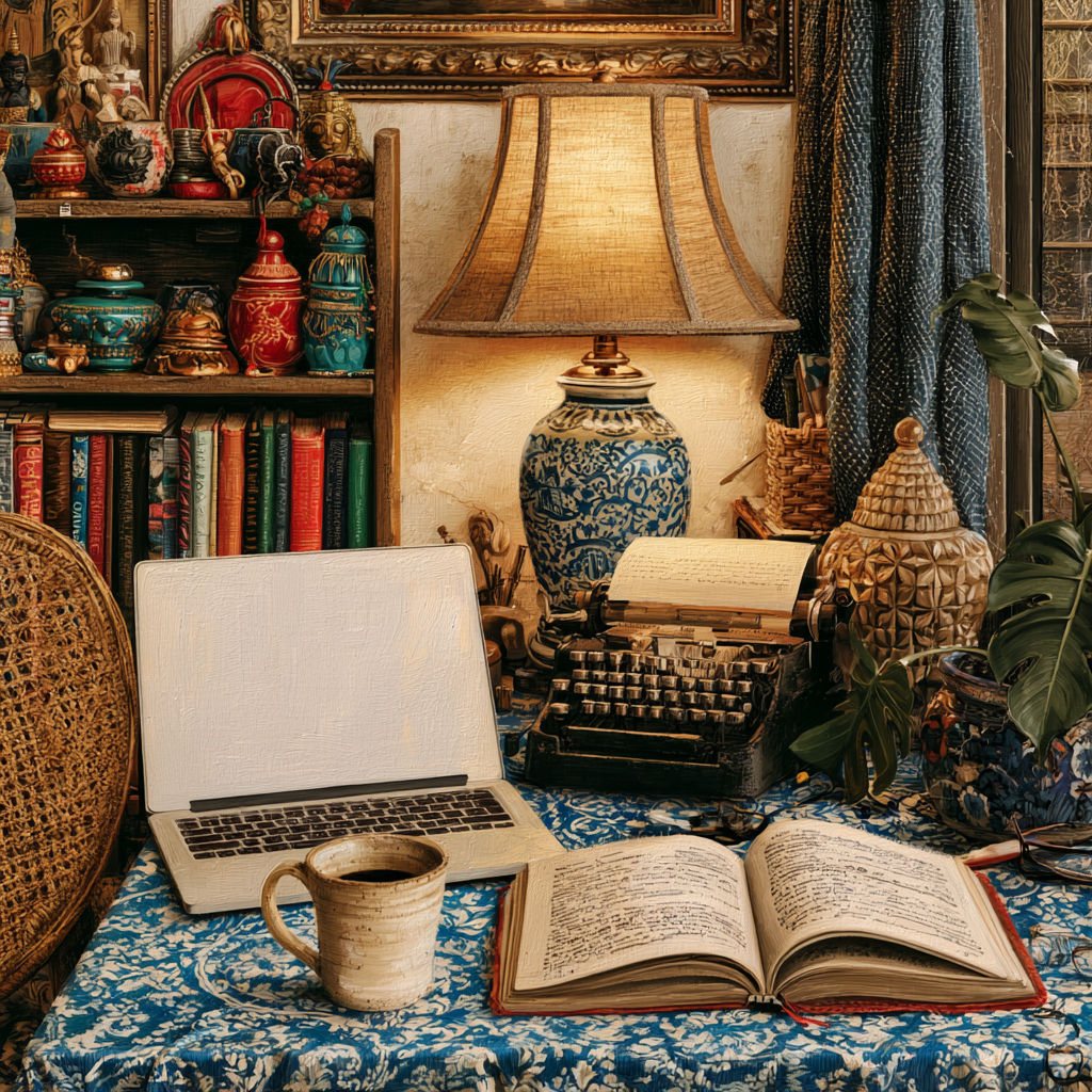 Cozy vintage writing desk with a typewriter, lamp, and open journal